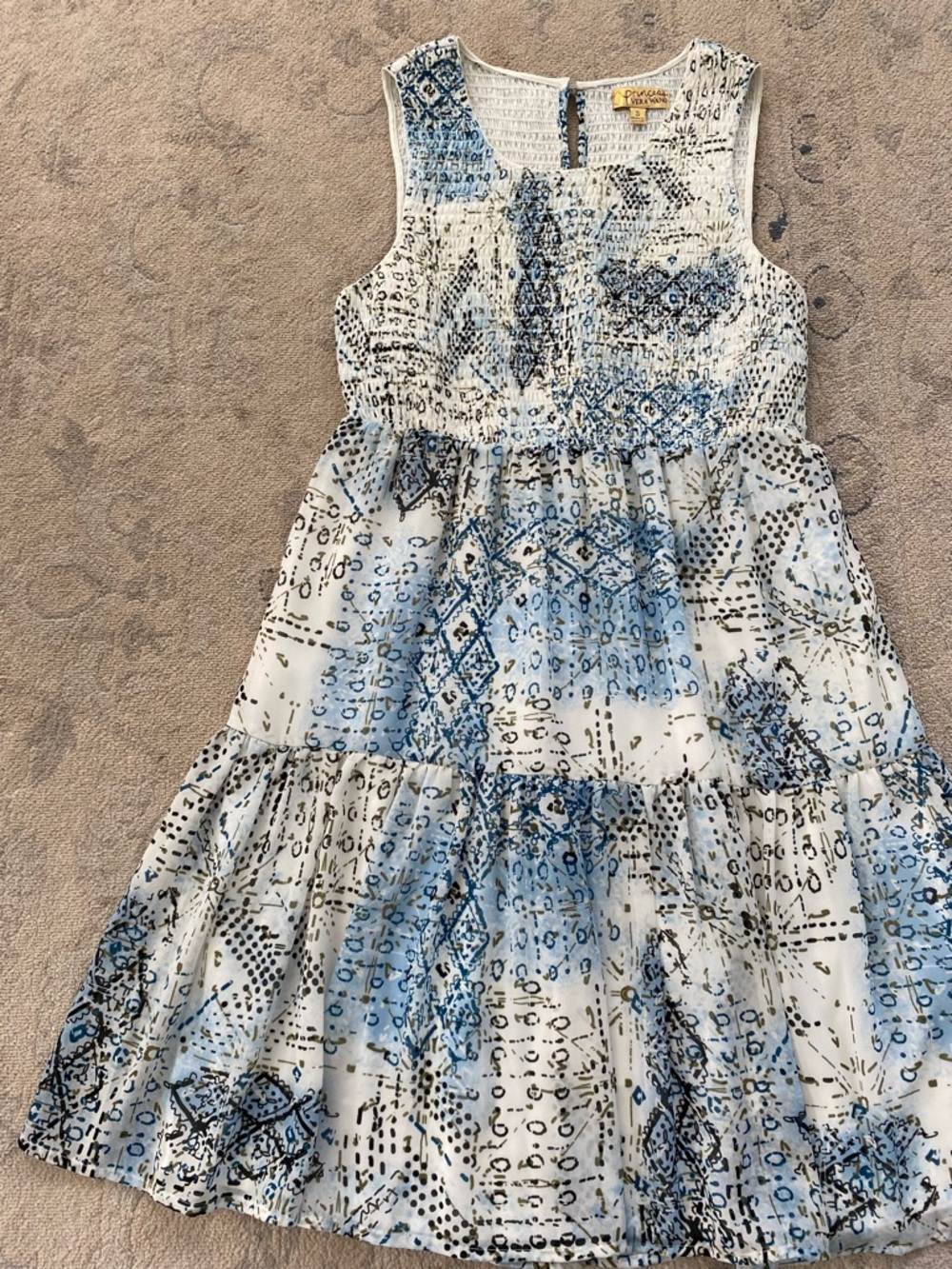 Princess Vera Wang Tiered Chiffon Smocked Mini Dress Small Blue Cream Black